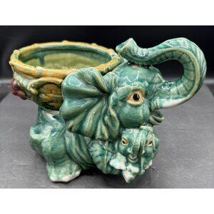 Vintage Majolica Mother & Baby Elephant Planter Candle Holder Catchall